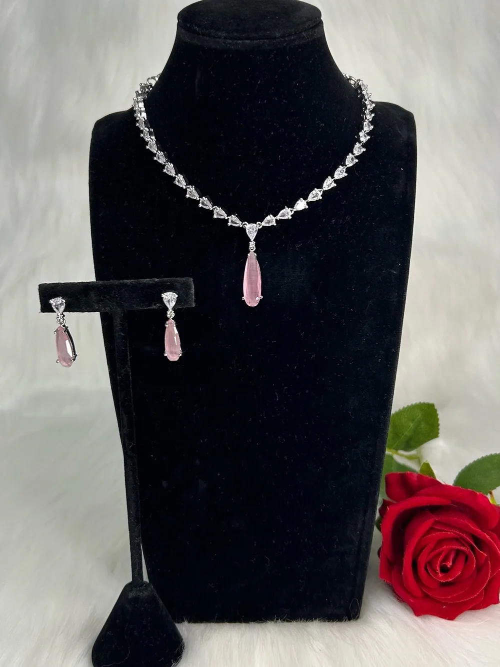 Pink Silver Ad Necklace and Earrings Set